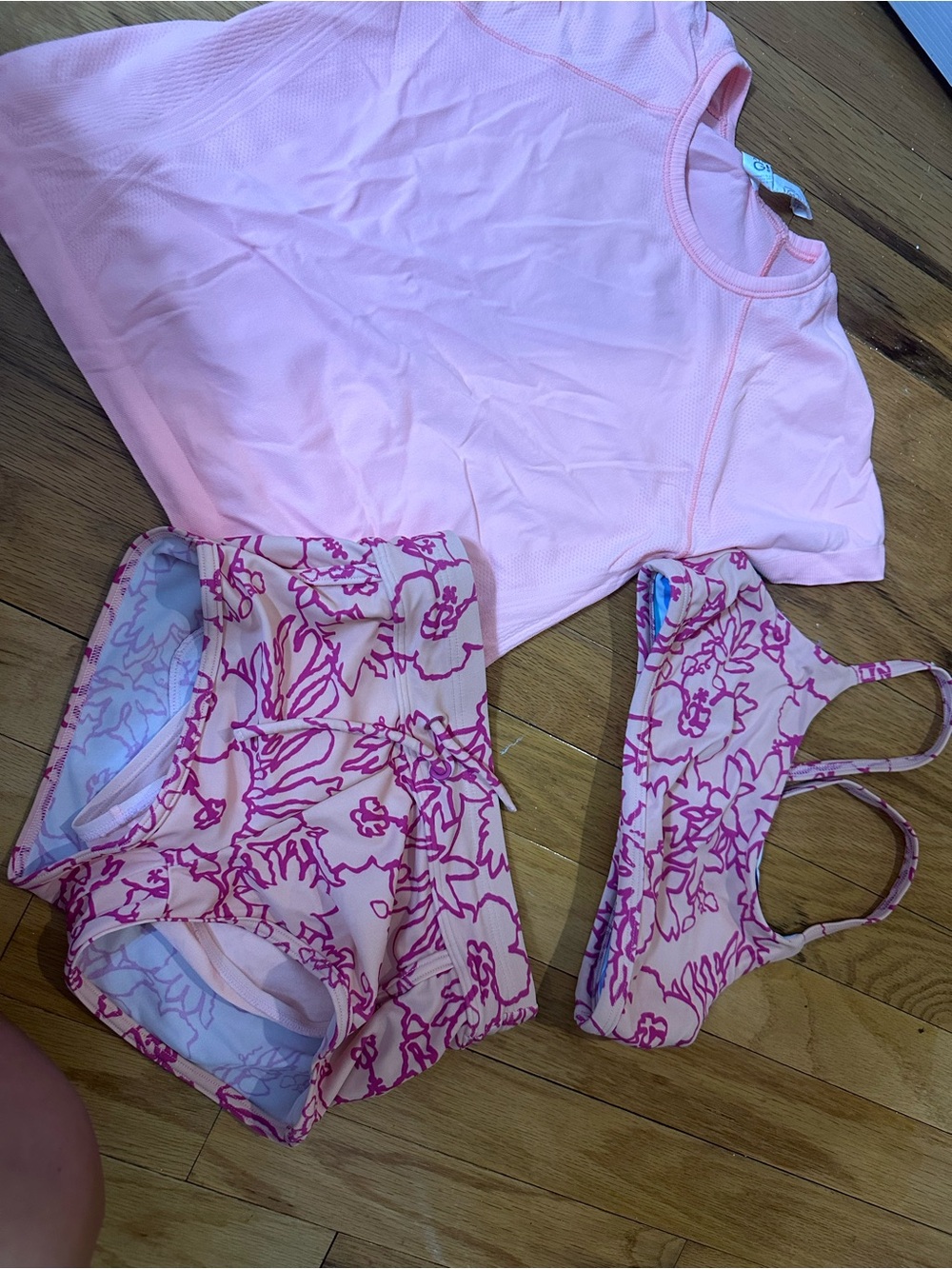 Athleta Pink Floral Sports Bra and Shorts Set with Light Pink Tee